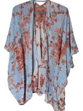 NWT Velvet Burnout Kimono Blue Rust Floral Print Lightweight Flowy One Size